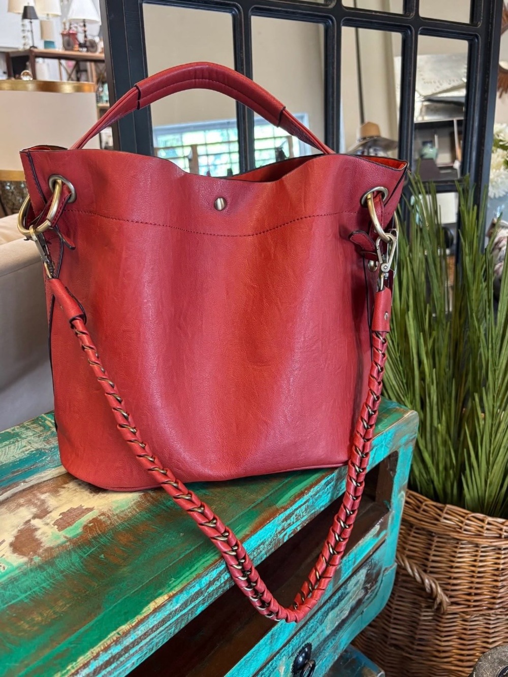 Red Leather Tote Bag with Braided Strap - Women’s Shoulder Bag